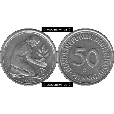 BRD Münzen Deutschland D 50 Pf. Umlaufmünze in Graustufen PNG 1950-2001, 50 Pfennig 1992 Münzzeichen "D" für München - "D"-01 Graustufen.... Sammlung