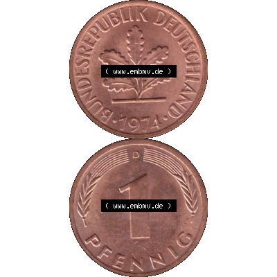 BRD Münzen in PNG 1950-2001, 1 Pfennig der BRD Deutschland 1974, 1970er Jahre Mzz. München D-01. Hier befindet sich eine PNG-Grafik einer 1 Pfennig Münze BRD mit... Sammlung