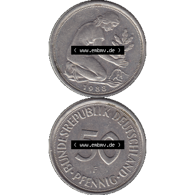 BRD Münzen 50 Pf. Umlaufmünze in PNG 1950-2001, 50 Pfennig BRD Deutschland 1988 Stuttgart F-1. Transparente Vorderseite und Rückseite der Münze vertikal untereinander... Sammlung