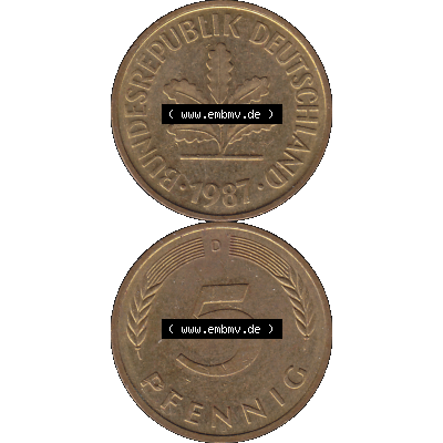 BRD Münzen 5 Pf., Umlaufmünze 1950-2001, 5 Pfennig Deutschland der BRD, 1987 Münzstätte München Mzz. D-02. Vorderseite und Rückseite... Sammlung