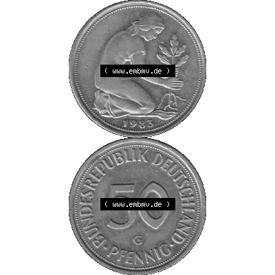 BRD Münzen Deutschland G 50 Pf. Umlaufmünze in Graustufen PNG 1950-2001, 50 Pfennig 1983 Münzzeichen "G" für Karlsruhe - "G"-01 Graustufen. PNG... Sammlung