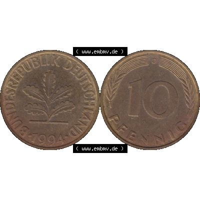 BRD Münzen 10 Pf. Umlaufmünze in PNG 1950-2001, 10 Pfennig 1994 D-01. Vorderseite und Rückseite mit Wert-Zahl auf einen Bild / Foto der digitalisierten 10 Pfennig... Sammlung
