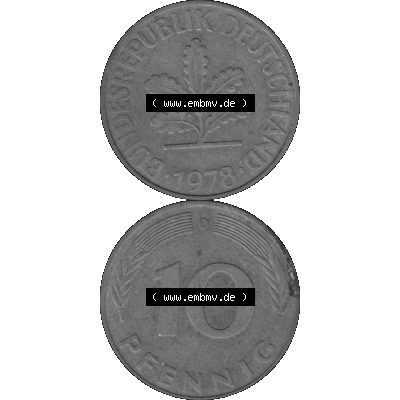 BRD Münzen 10 Pf. Umlaufmünze in PNG 1950-2001, 10 Pfennig 1978 D-01 Graustufen. Graustufen-Bild erstellt aus Farbigen Bild mit Vorderseite und Rückseite auf einen Bild... Sammlung