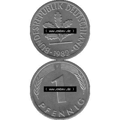 BRD Münzen 1 Pfennig Umlaufmünze in Graustufen PNG 1950-2001, 1 Pfennig 1982, 1980er Jahre Mzz. F-01. Graues-Bild 1 Pfennig F aus farbigen Bild erstellt mit Vorderseite... Sammlung