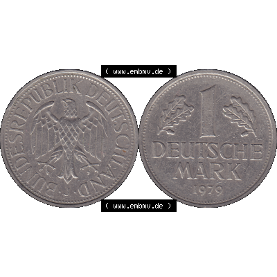 BRD Münzen 1 DM, Umlaufmünze 1950-2001, BRD Deutschland 1 / Eine DM - 1 Eine Deutsche Mark, 1979 Münzzeichen Hamburg Mzz J-1. Münzen-Rückseite und... Sammlung