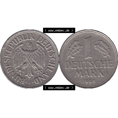 BRD Münzen 1 DM, Umlaufmünze 1950-2001, BRD Deutschland 1 / Eine DM - 1 Eine Deutsche Mark, 1963 Münzzeichen Hamburg Mzz J-1. Münzen-Rückseite und... Sammlung