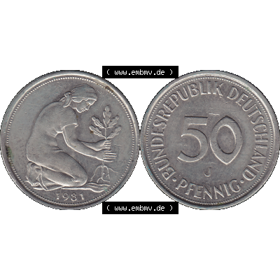 BRD Münzen 50 Pf. Umlaufmünze in PNG 1950-2001, 50 Pfennig BRD Deutschland 1981 "J"-01. PNG Computer-Grafik einer digitalisierten 50 Pfennig / Fünfzig Pfennige... Sammlung