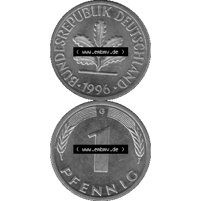 BRD Münzen 1 Pfennig BRD-Deutschland Umlaufmünze in Graustufen PNG 1950-2001, 1 Pfennig 1996, 1990er Jahre Münzstätte Karlsruhe G-01. Graustufen-Bild erstellt aus... Sammlung