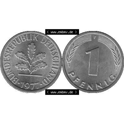 BRD Münzen 1 Pfennig Umlaufmünze in Graustufen PNG 1950-2001, 1 Pfennig 1977, 1970er Jahre Mzz. F-01. Graustufen-Bild aus Farbigen Bilder mit Vorderseite und Rückseite... Sammlung