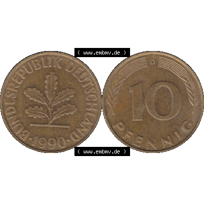 BRD Münzen 10 Pf. Umlaufmünze in PNG 1950-2001, 10 Pfennig 1990 D-01. Vorderseite und Rückseite mit Wert-Zahl auf einen Bild / Foto der digitalisierten 10 Pfennig... Sammlung