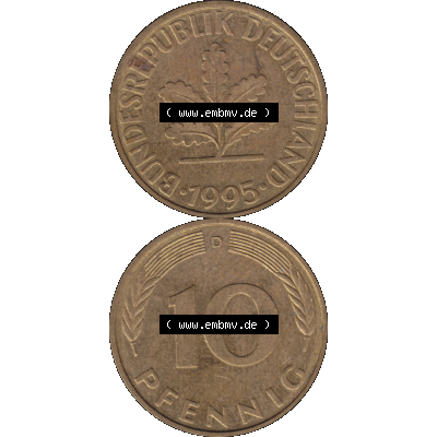 BRD Münzen 10 Pf. Umlaufmünze in PNG 1950-2001, 10 Pfennig 1995 D-01. Vorderseite und Rückseite auf einen Bild / Foto vertikal untereinander zusammengefügt,... Sammlung