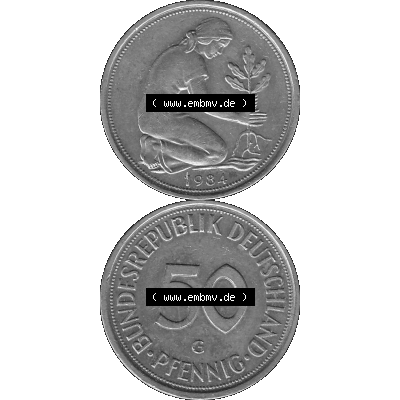 BRD Münzen Deutschland G 50 Pf. Umlaufmünze in Graustufen PNG 1950-2001, 50 Pfennig 1984 Münzzeichen "G" für Karlsruhe - "G"-01 Graustufen. PNG... Sammlung