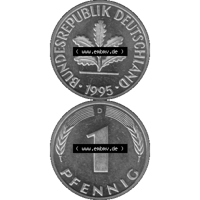 BRD Münzen 1 Pfennig Umlaufmünze in Graustufen PNG 1950-2001, 1 Pfennig 1995 München D-01. Graustufen-Bild erstellt aus Farbigen Bild mit Vorderseite und Rückseite auf... Sammlung