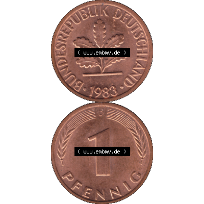 BRD Münzen in PNG 1950-2001, 1 Pfennig der BRD Deutschland 1983, 1980er Jahre Mzz. München D-01. Hier befindet sich eine PNG-Grafik einer 1 Pfennig Münze BRD mit... Sammlung