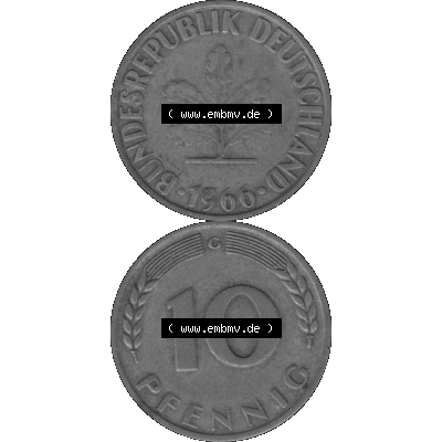 BRD Münzen 10 Pf. Umlaufmünze in PNG 1950-2001, 10 Pfennig 1966 G-01 Graustufen. Graustufen PNG-Bild, erstellt aus farbigen Vorlagen-Bild mit Vorderseite und Rückseite... Sammlung