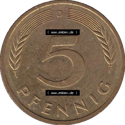 BRD Münzen 5 Pf., Umlaufmünze 1950-2001, 5 Pfennig Deutschland der BRD, 1987 Münzstätte München Mzz. D-02. Rückseite mit Wert-Zahl der... Sammlung