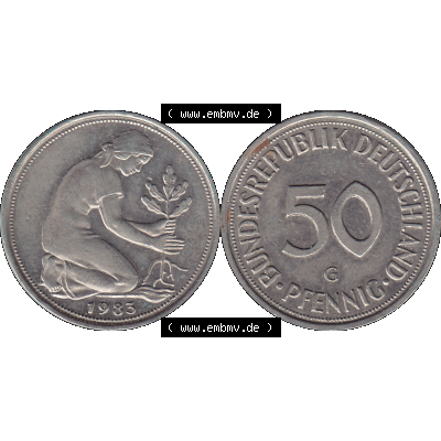 BRD Münzen 50 Pf. Umlaufmünze in PNG 1950-2001, 50 Pfennig BRD Deutschland 1983 Münzstätte Karlsruhe Mzz. G-01. 50 Pfennig Münze BRD der 1980-er Jahre.... Sammlung