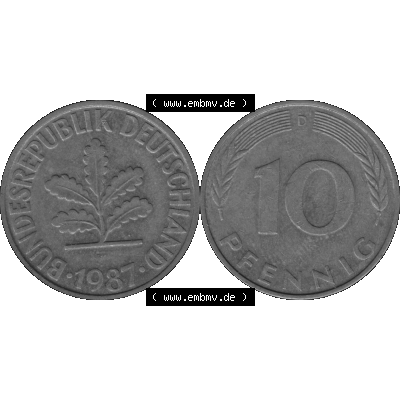 BRD Münzen 10 Pf. Umlaufmünze in PNG 1950-2001, 10 Pfennig 1987 D-01 Graustufen. Graustufen-Bilder der Vorderseite und Rückseite mit Wert-Zahl auf einen Bild / Foto... Sammlung