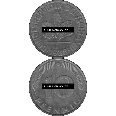 BRD Münzen 10 Pf. Umlaufmünze in PNG 1950-2001, 10 Pfennig 1988 D-01 Graustufen. Graustufen-Bild erstellt aus Farbigen Bild mit Vorderseite und Rückseite auf einen Bild... Sammlung