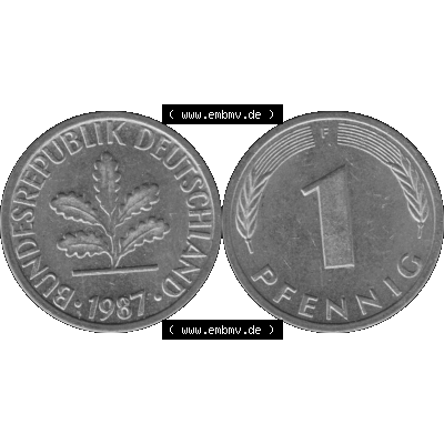 BRD Münzen 1 Pfennig Umlaufmünze in Graustufen PNG 1950-2001, 1 Pfennig 1987, 1980er Jahre Mzz. F-01. Graustufen-Bild aus Farbigen Bilder mit Vorderseite und Rückseite... Sammlung