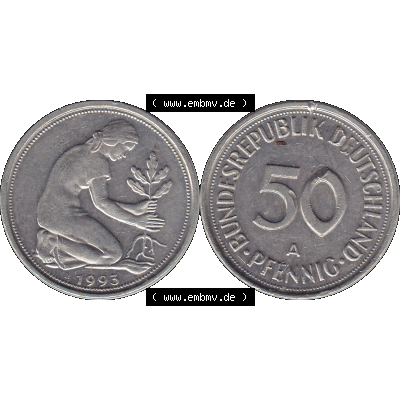 BRD Münzen 50 Pf. Umlaufmünze in PNG 1990-2001, 50 Pfennig BRD Deutschland 1993 Mzz. Berlin A-1. Transparente Vorderseite und Rückseite als PNG-Grafik mit Wert-Zahl... Sammlung