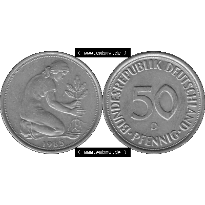 BRD Münzen Deutschland D 50 Pf. Umlaufmünze in Graustufen PNG 1950-2001, 50 Pfennig 1985 Münzzeichen "D" für München - "D"-01 Graustufen.... Sammlung