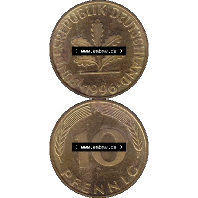 BRD Münzen 10 Pf. Umlaufmünze in PNG 1990-2001, 10 Pfennig 1996 A-02. Vorderseite und Rückseite auf einen Bild / Foto vertikal untereinander zusammengefügt,... Sammlung