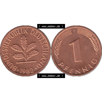 BRD Münzen 1 Pfennig Umlaufmünze in PNG 1950-2001, 1 Pfennig 1982, 1980er Jahre Stuttgart F-01. Die PNG-Grafik zeigt eine 1 Pfennig Münze der Bundesrepublik Deutschland.... Sammlung