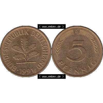 BRD Münzen 5 Pf., Umlaufmünze 1950-2001, 5 Pfennig Deutschland der BRD, 1991 Münzstätte München Mzz. D-01. Vorderseite und Rückseite... Sammlung