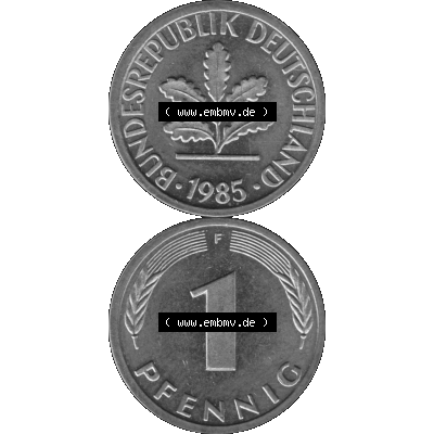 BRD Münzen 1 Pfennig Umlaufmünze in Graustufen PNG 1950-2001, 1 Pfennig 1985, 1980er Jahre Mzz. F-01. Graues-Bild 1 Pfennig F aus farbigen Bild erstellt mit Vorderseite... Sammlung