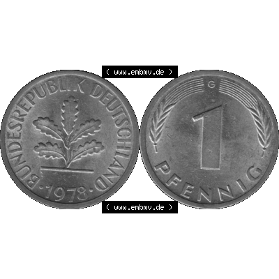 BRD Münzen 1 Pfennig BRD-Deutschland Umlaufmünze in Graustufen PNG 1950-2001, 1 Pfennig 1978, 1970er Jahre Münzstätte Karlsruhe G-01. Graustufen-Bilder der Vorderseite... Sammlung