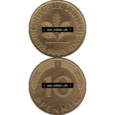 BRD Münzen 10 Pf. Umlaufmünze in PNG 1990-2001, 10 Pfennig 1995 A-01. Vorderseite und Rückseite auf einen Bild / Foto vertikal untereinander zusammengefügt,... Sammlung
