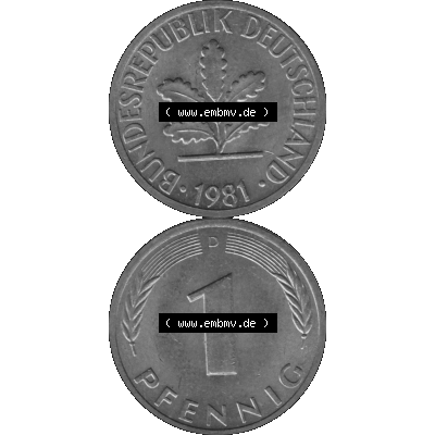 BRD Münzen 1 Pfennig Umlaufmünze in Graustufen PNG 1950-2001, 1 Pfennig 1981 München D-01. Graustufen-Bild erstellt aus Farbigen Bild mit Vorderseite und Rückseite auf... Sammlung