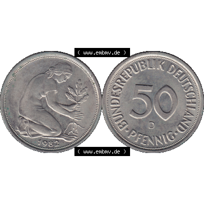BRD Münzen 50 Pf. Umlaufmünze in PNG 1950-2001, 50 Pfennig BRD Deutschland 1982 Münzstätte München Mzz. "D"-01. 50 Pfennig Münze der 1980-er... Sammlung