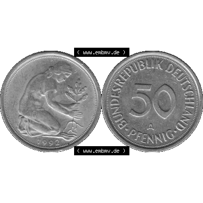 BRD Münzen Deutschland A 50 Pf. Umlaufmünze in Graustufen PNG 1990-2001, 50 Pfennig 1992 Münzzeichen "A" für Berlin - "A"-01 Graustufen. PNG... Sammlung