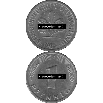 BRD Münzen 1 Pfennig BRD-Deutschland Umlaufmünze in Graustufen PNG 1950-2001, 1 Pfennig 1984, 1980er Jahre Münzstätte Karlsruhe G-01. Graustufen-Bild erstellt aus... Sammlung