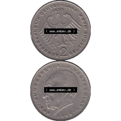 BRD Münzen 2 DM, Gedenkmünze in PNG 1969-1987, 2 DM, Deutsche Mark Konrad Adenauer 1973 Münzzeichen Mzz Stuttgart F-1. Vorderseite und Rückseite mit Deutschen... Sammlung