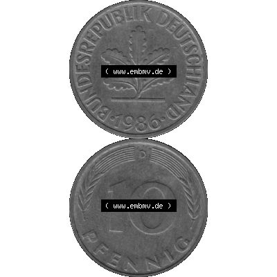 BRD Münzen 10 Pf. Umlaufmünze in PNG 1950-2001, 10 Pfennig 1986 D-07 Graustufen. Graustufen-Bild erstellt aus Farbigen Bild mit Vorderseite und Rückseite auf einen Bild... Sammlung