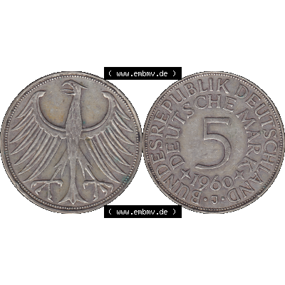BRD Münzen 5 Deutsche Mark, 5 DM Silbermünze in 625/1000 Silber 1951-1974, 5 DM, 5 Deutsche Mark Silberadler, Heiermann 1960 J-1. Das digitale Bild/Foto... Sammlung