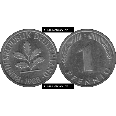 BRD Münzen 1 Pfennig Umlaufmünze in Graustufen PNG 1950-2001, 1 Pfennig 1988 München D-01. Graustufen-Bilder der Vorderseite und Rückseite mit Wert-Zahl auf einen Bild... Sammlung