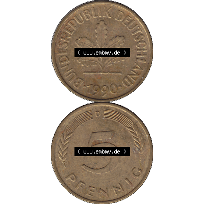 BRD Münzen 5 Pf., Umlaufmünze 1950-2001, 5 Pfennig Deutschland der BRD, 1990 Münzstätte München Mzz. D-01. Vorderseite und Rückseite... Sammlung