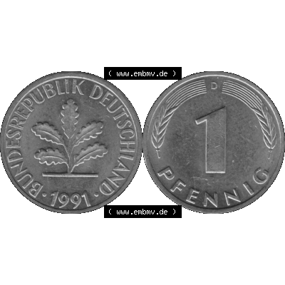 BRD Münzen 1 Pfennig Umlaufmünze in Graustufen PNG 1950-2001, 1 Pfennig 1991 München D-01. Graustufen-Bilder der Vorderseite und Rückseite mit Wert-Zahl auf einen Bild... Sammlung