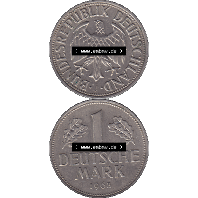 BRD Münzen 1 DM, Umlaufmünze 1950-2001, BRD Deutschland 1 / Eine DM - 1 Eine Deutsche Mark, 1968 Münzzeichen Hamburg Mzz J-1. Münzen-Rückseite und... Sammlung