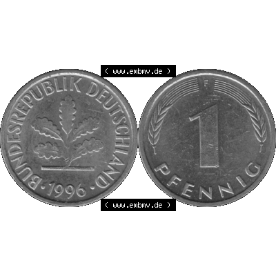 BRD Münzen 1 Pfennig Umlaufmünze in Graustufen PNG 1950-2001, 1 Pfennig 1996, 1990er Jahre Mzz. F-01. Graustufen-Bild aus Farbigen Bilder mit Vorderseite und Rückseite... Sammlung