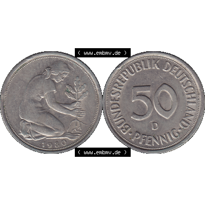 BRD Münzen 50 Pf. Umlaufmünze in PNG 1950-2001, 50 Pfennig BRD Deutschland 1980 Mzz. München "D"-01. 50 Pfennig Münze der 1980-er Jahre, Vorderseite... Sammlung