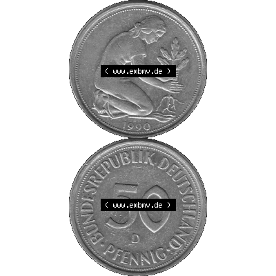 BRD Münzen Deutschland D 50 Pf. Umlaufmünze in Graustufen PNG 1950-2001, 50 Pfennig 1990 Münzzeichen "D" für München - "D"-01 Graustufen.... Sammlung