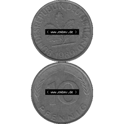 BRD Münzen 10 Pf. Umlaufmünze in PNG 1950-2001, 10 Pfennig 1989 J-01 Graustufen. PNG-Bild in transparenten Graustufen aus zwei farbigen Bildern vom Scanner mit Vorderseite... Sammlung