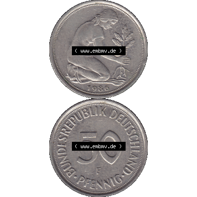 BRD Münzen 50 Pf. Umlaufmünze in PNG 1950-2001, 50 Pfennig 1986 F-01. Vorderseite und Rückseite auf einen Bild / Foto vertikal untereinander zusammengefügt,... Sammlung