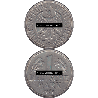 BRD Münzen 1 DM, Umlaufmünze 1950-2001, 1 / Eine DM - Eine Deutsche Mark, 1969 D-1. Münzen-Rückseite und Münzen-Vorderseite vertikal untereinander... Sammlung