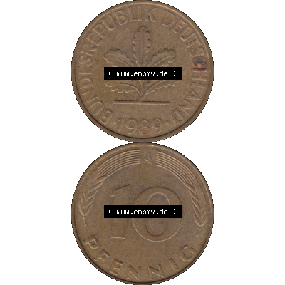 BRD Münzen 10 Pf. Umlaufmünze in PNG 1950-2001, 10 Pfennig der Bundesrepublik Deutschland 1989 Münzstätte Hamburg Mzz. J-12. Vorderseite und Rückseite... Sammlung